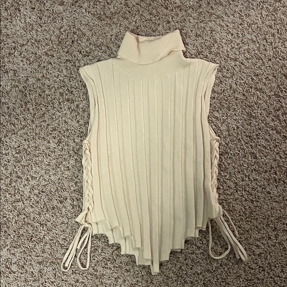 Cream Sleeveless Ribbed Turtleneck Top
